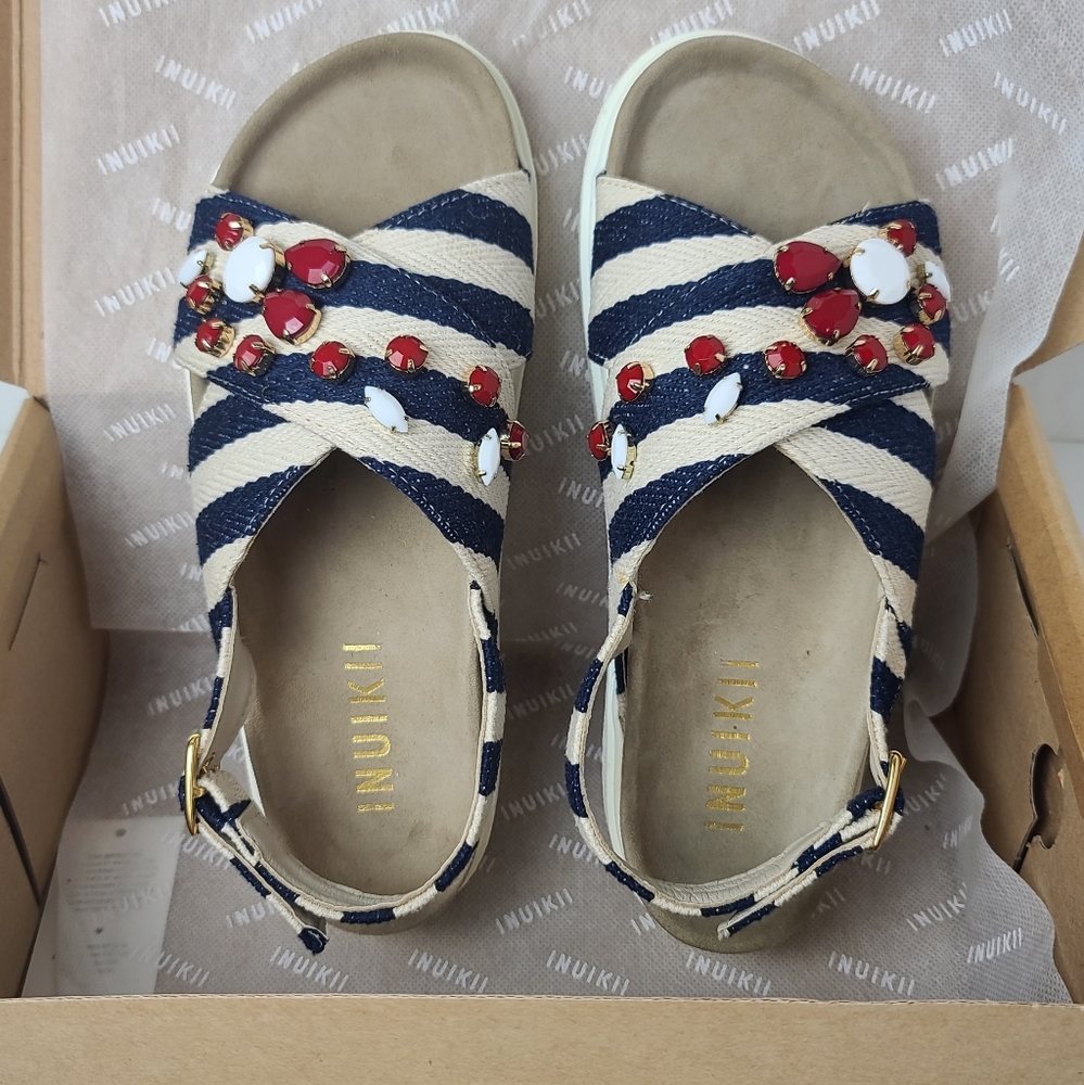 Inuikii Navy Blue White Sandals Jewels Gems